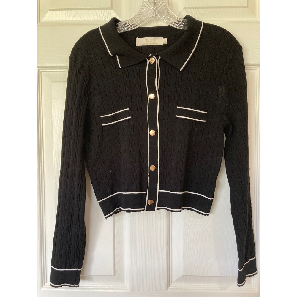 Lizette Collection Black Cable Knit Cropped Cardigan XL Preppy Old Money